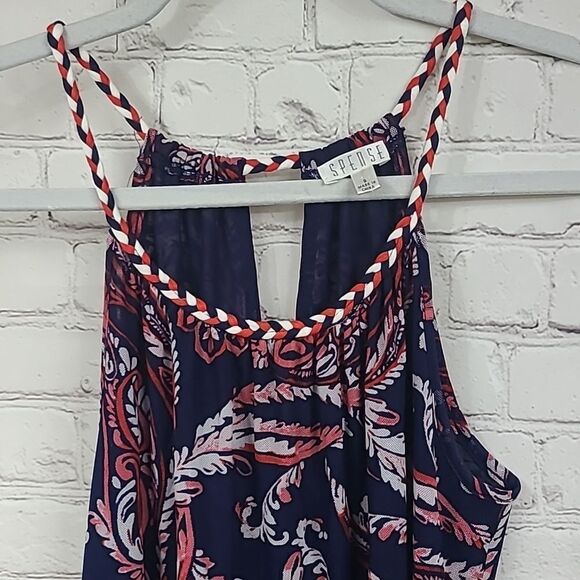 Spense Strappy Cami Navy Red Tank Sleeveless Braided Neck Mesh Blouse Shell Top - Picture 3 of 14